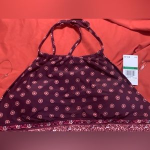 NEW MICHAEL KORS HALTER SWIM TOP LARGE maroon BIKINI OPEN BACK PATTERNED NWT